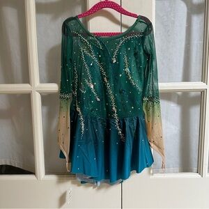 Girl Figure Skating Dress Green and Beige Embellished Dress